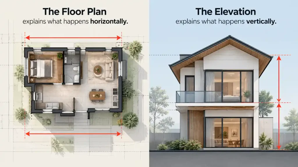 Floor plan showing horizontal layout compared with elevation showing vertical building design
