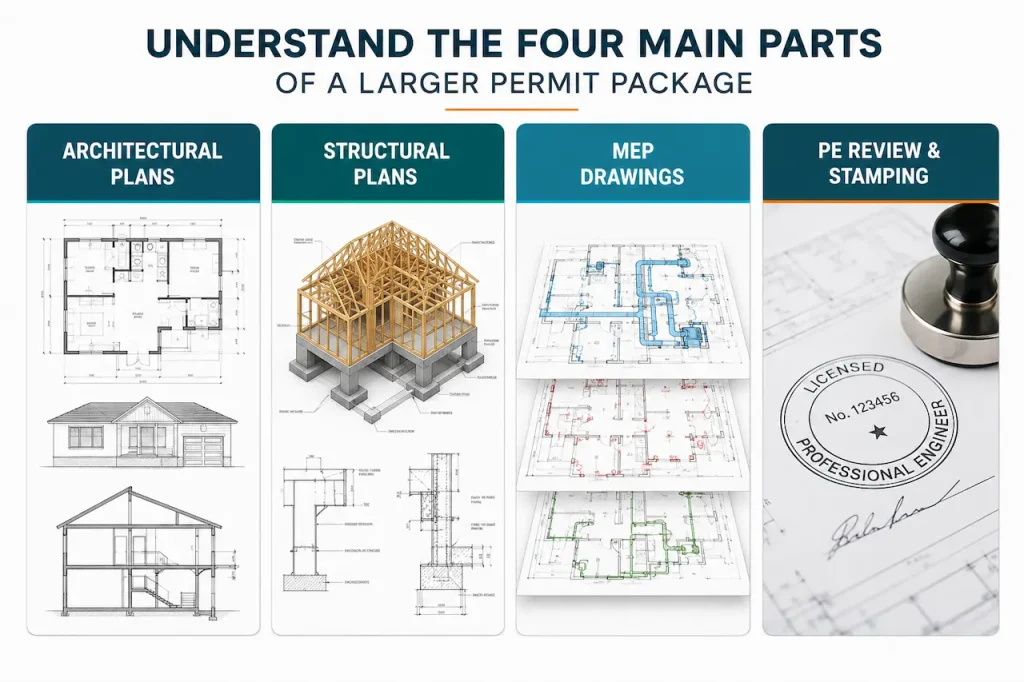Four parts of a permit package showing architectural plans, structural plans, MEP drawings, and PE review and stamping.