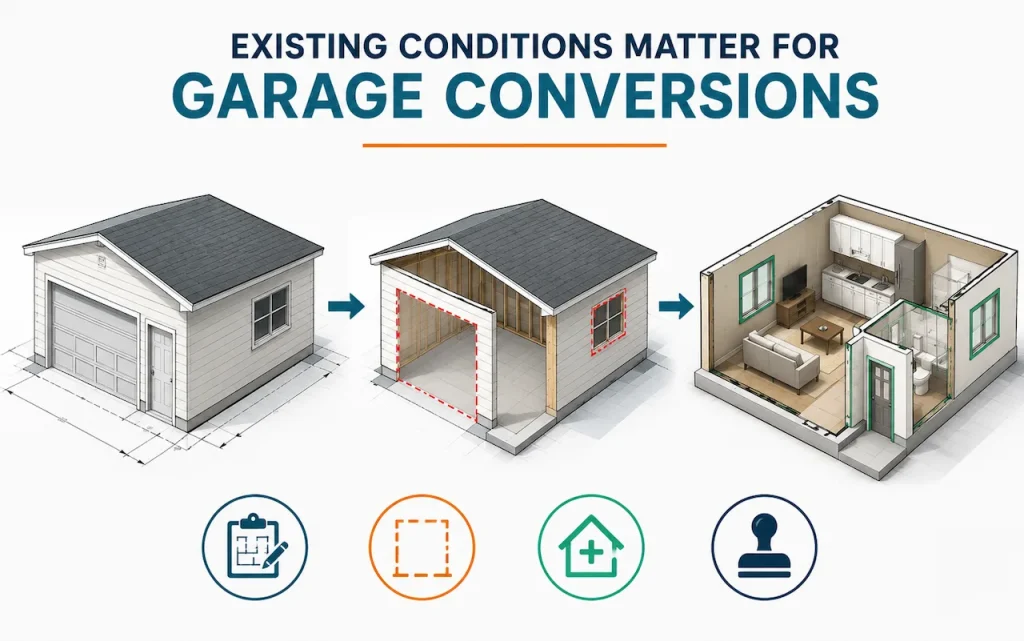 Garage conversion illustration showing an existing garage, opening modifications, and a finished interior conversion with kitchen and bathroom.