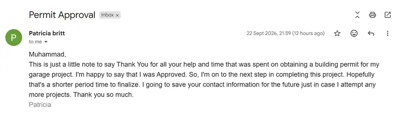 Garage permit approval client feedback