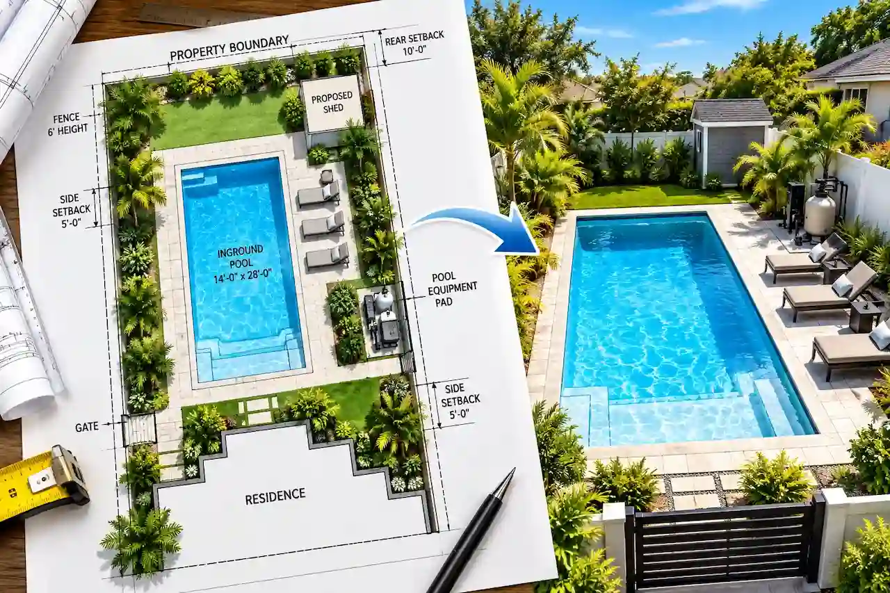 Pool site plan for a residential swimming pool permit showing setbacks, pool deck, fence and equipment location