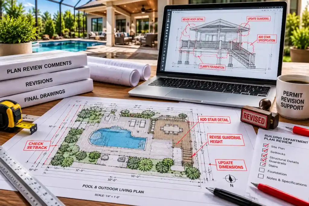 Revised deck permit drawings with building department comments, updated dimensions, stair details, guardrail revisions, foundation changes, and permit review notes.