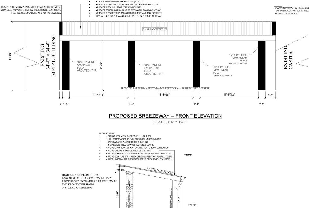 Anonymized sample drawing excerpt for 378 SF Covered Breezeway Structural and Roof Plans in New Smyrna Beach, Florida
