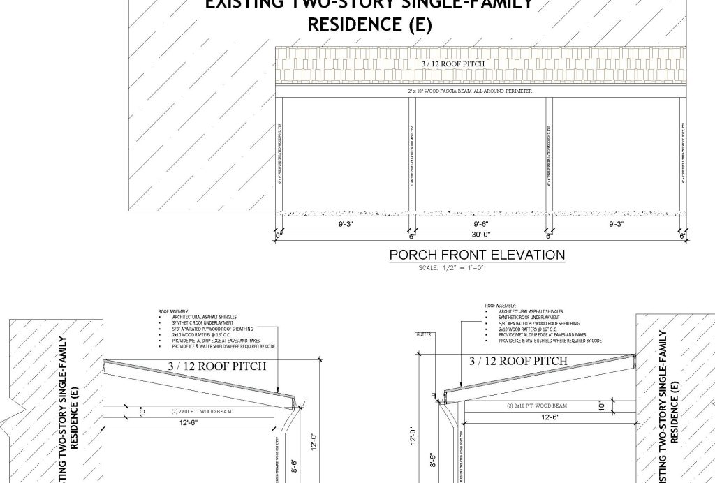 Anonymized sample drawing excerpt for 390 SF Wood-Framed Covered Porch Addition in Savannah, Georgia