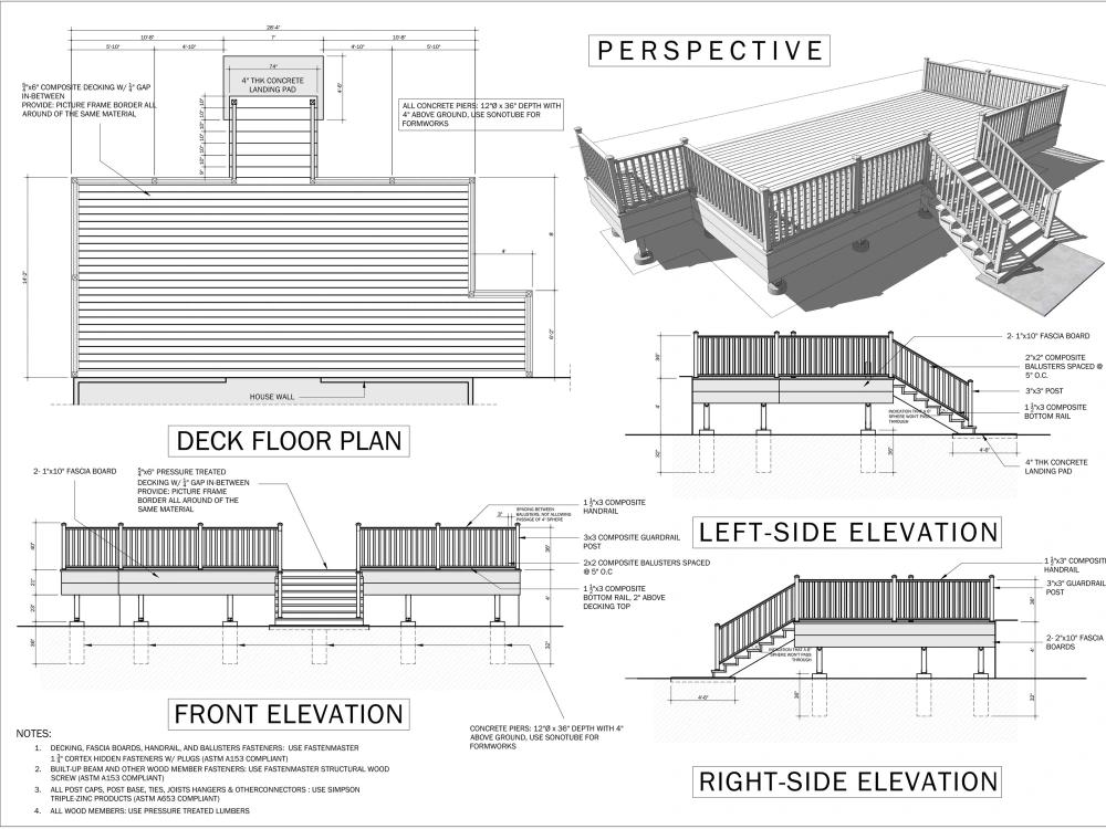 Deck framing footing ledger and structural detail drawings