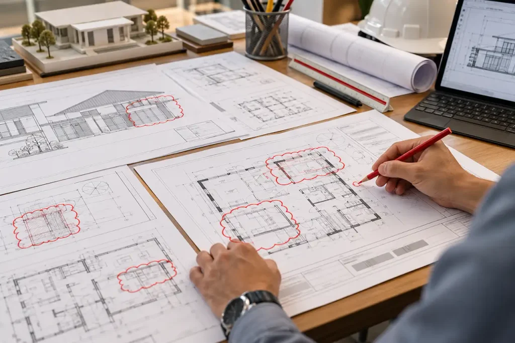 Architect marking revision clouds on permit drawings and updating sheet information on a residential floor plan set.