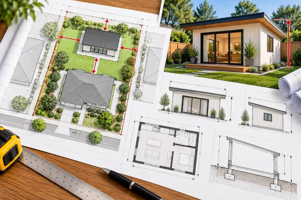 ADU site plan showing property setbacks, building height measurements, lot coverage, and backyard accessory dwelling unit placement with architectural drawings.