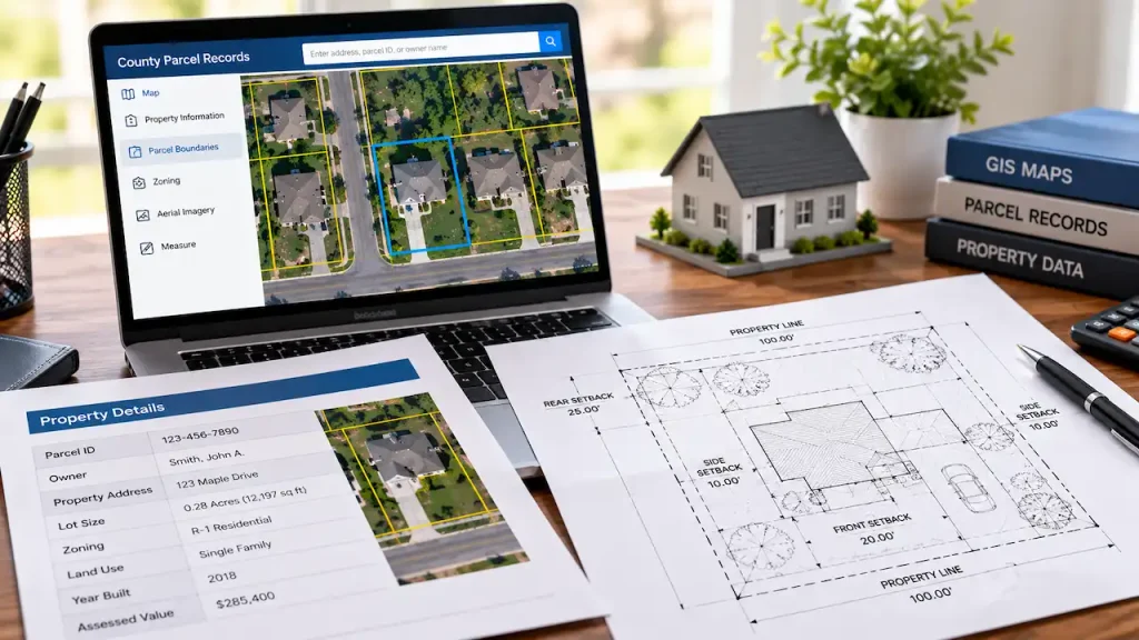 GIS instead of a survey showing property boundaries, lot dimensions, nearby structures, and residential property information.