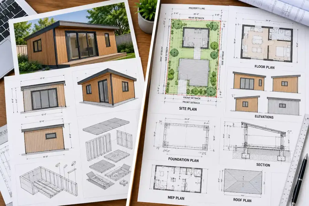 Comparison of basic manufacturer drawings and a complete ADU permit drawing set featuring site plans, floor plans, building elevations, foundation details, and structural sections.