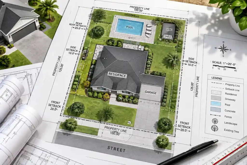 Residential site plan showing property boundaries, setbacks, house, garage, driveway, pool, and landscaping.