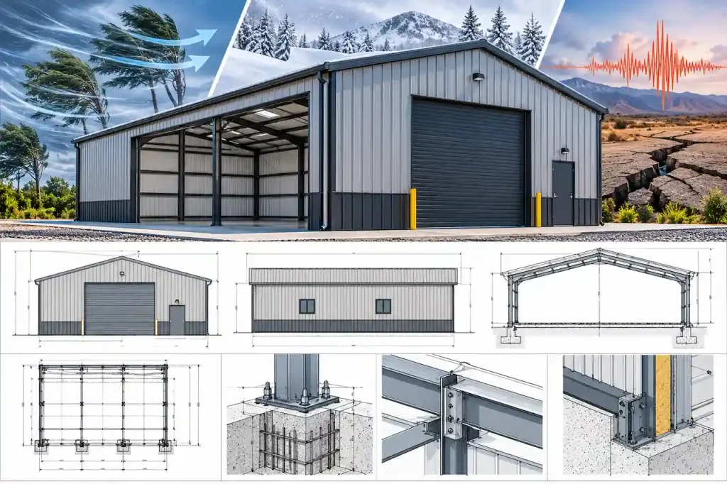 Steel metal building illustrating wind loads, snow loads, and seismic forces with structural framing, foundation anchors, and engineering drawings.
