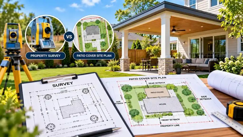 Property survey vs site plan for patio cover permit showing land surveying equipment, property boundaries, setbacks, and covered patio placement.