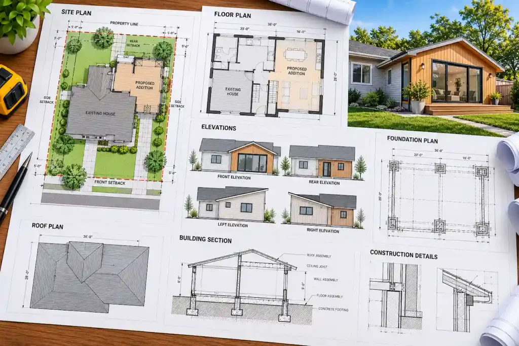 Home addition permit drawing set showing residential site plan, existing and proposed floor plans, building elevations, roof plan, foundation layout, and structural construction details.
