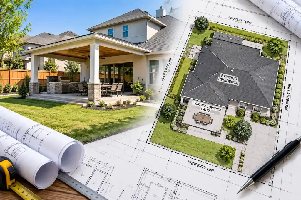 as built site plan vs existing survey showing an existing residential covered patio alongside its architectural site plan and property layout.