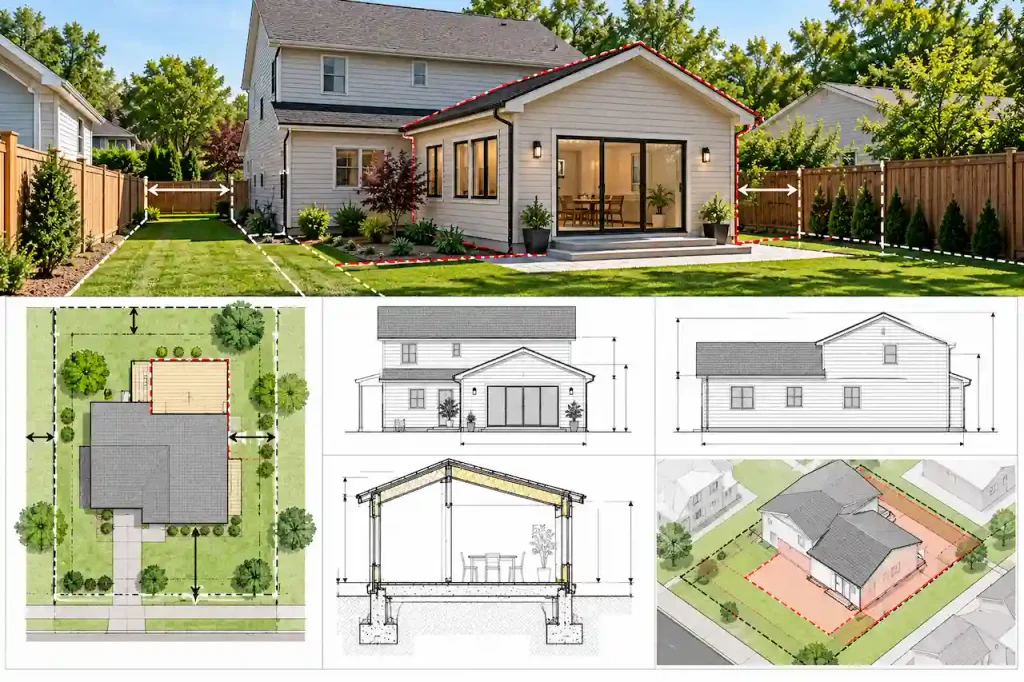 Residential home addition showing property boundary lines, setback distances, lot coverage, and architectural site plans for zoning compliance.