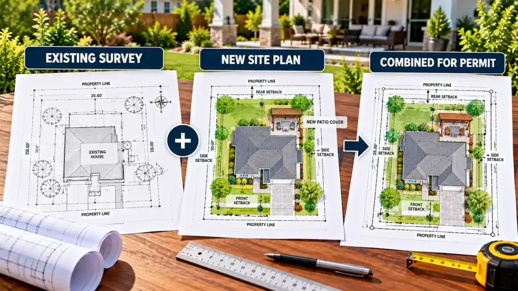 Existing property survey combined with a new site plan showing proposed patio cover placement, property boundaries, and setbacks for permit approval.