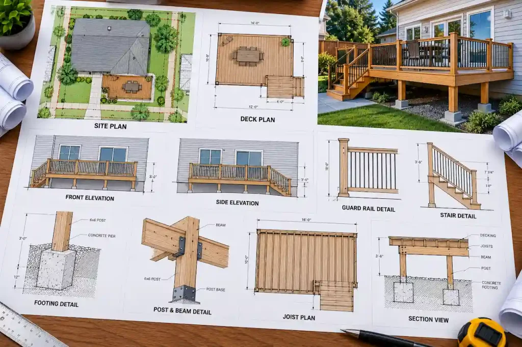 Deck Permit Drawings: Footings, Posts, Beams, Joists, Guards & Site Plan
