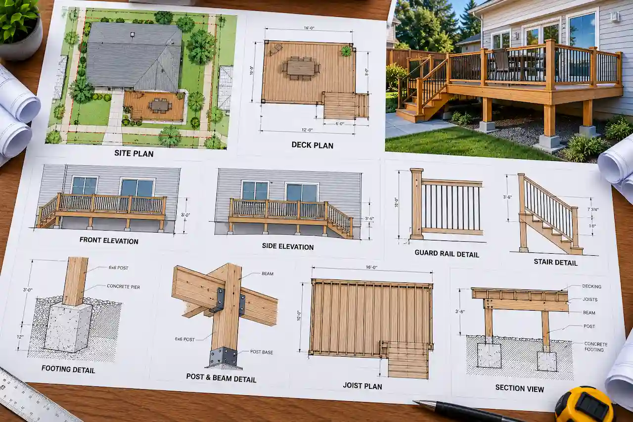Deck Permit Drawings: Footings, Posts, Beams, Joists, Guards & Site Plan