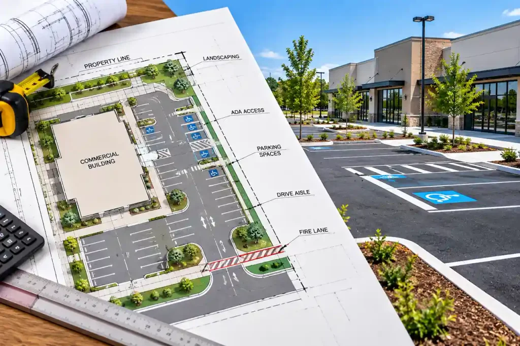 commercial site plan requirements for parking showing ADA-accessible spaces, drive aisles, fire lanes, landscaping, and parking lot layout.