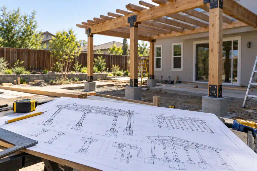 Structural drawings for pergola and patio cover construction with posts, beams, footings, and framing