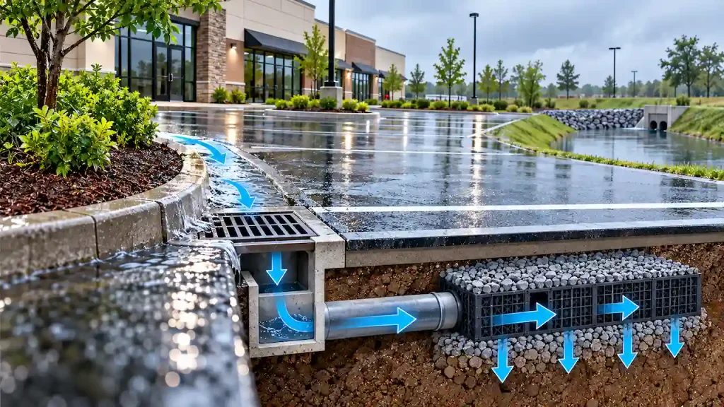 Commercial parking lot stormwater drainage system showing surface runoff, catch basin, underground drainage pipes, and water infiltration.