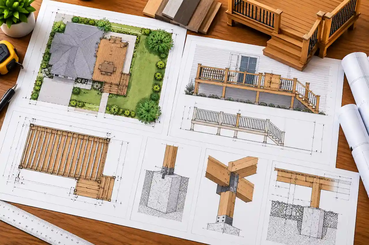 Residential deck permit plans featuring site layout, elevated wooden deck model, structural joist framing, concrete footing details, post and beam connections, and architectural elevations.