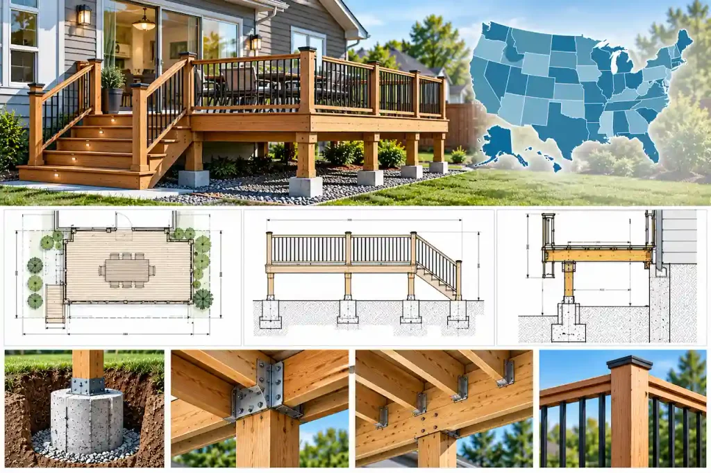 Residential wooden deck permit drawings with a United States map, architectural site plans, structural drawings, concrete footings, and railing details illustrating deck permit requirements by state.