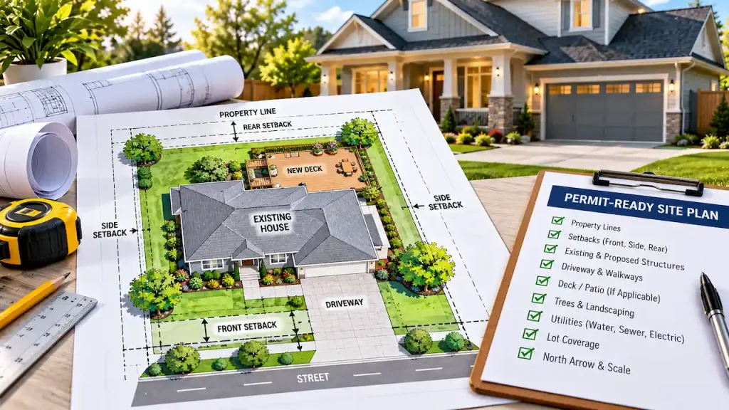 Permit-ready residential site plan showing property lines, building setbacks, existing house, proposed deck, driveway, utilities, and approval checklist.
