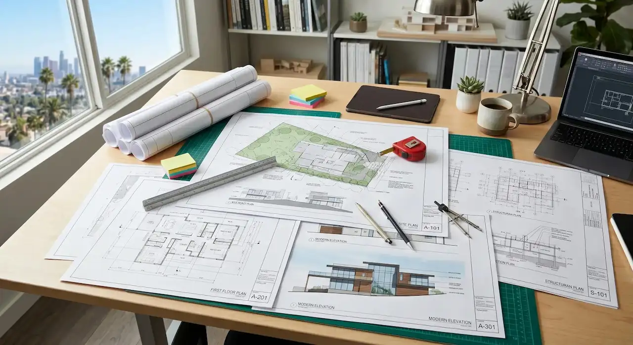 Complete permit drawing set showing a site plan, floor plans, exterior elevations, and structural drawings