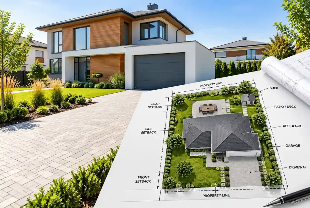 Modern residential permit site plan showing property lines, setbacks, garage, driveway, patio, and landscaping.