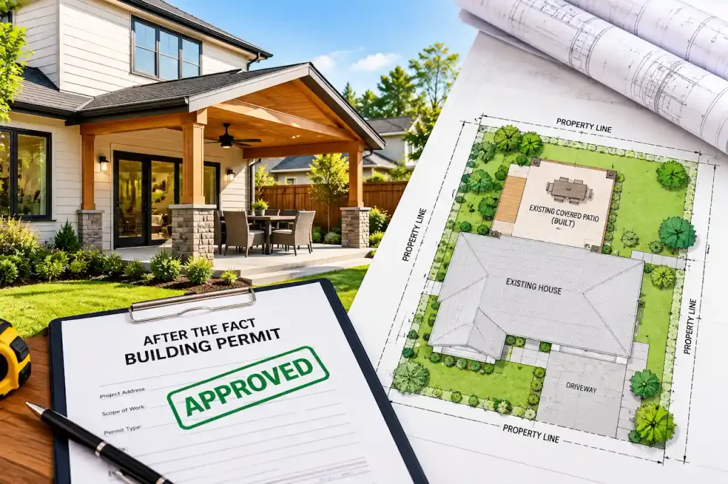 After-the-fact permit drawings showing an existing covered patio, residential site plan, and building permit approval.