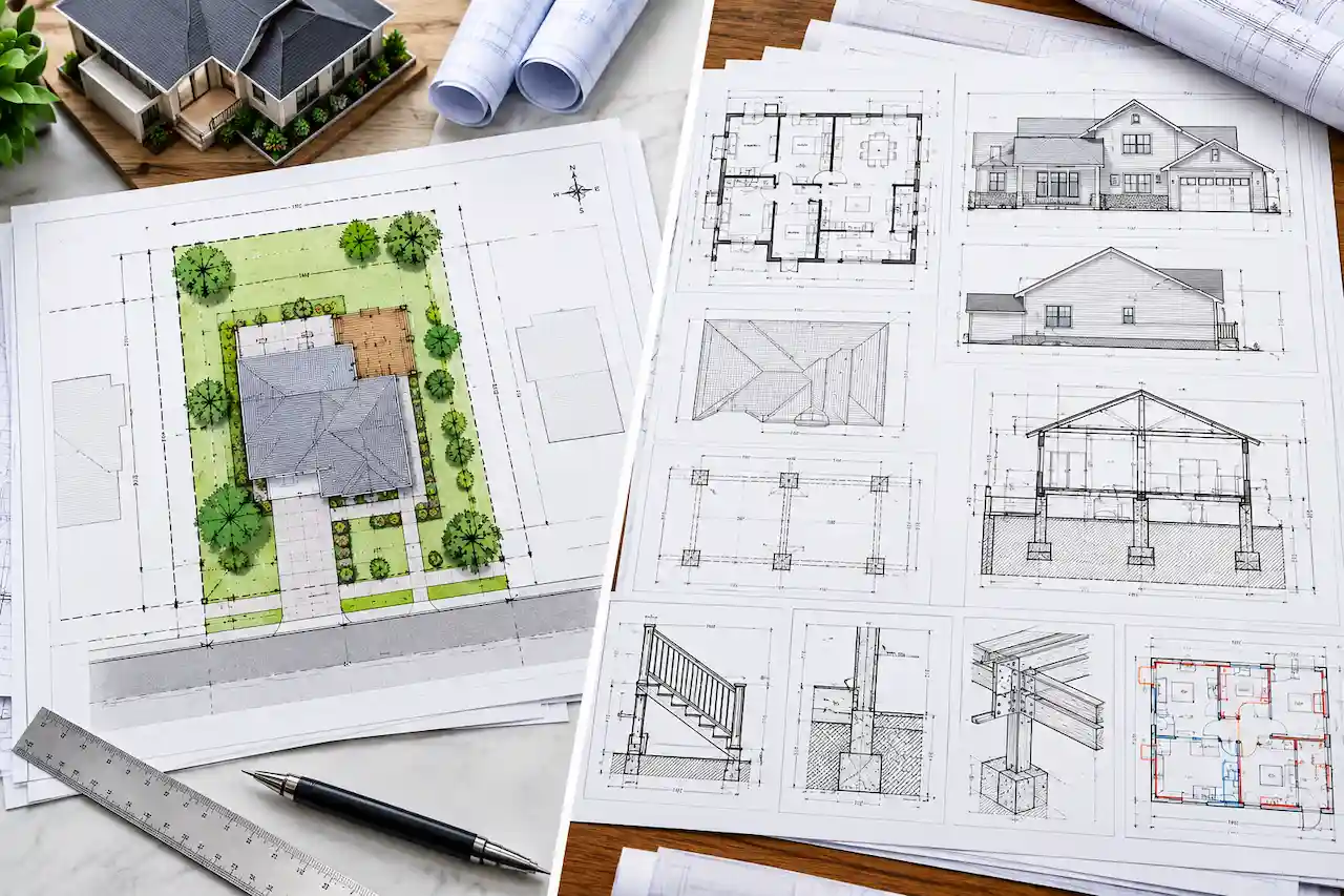 Side-by-side comparison of a residential site plan showing property boundaries, building placement, and landscaping with a complete permit drawing set featuring floor plans, elevations, foundation plans, structural sections, and construction details.