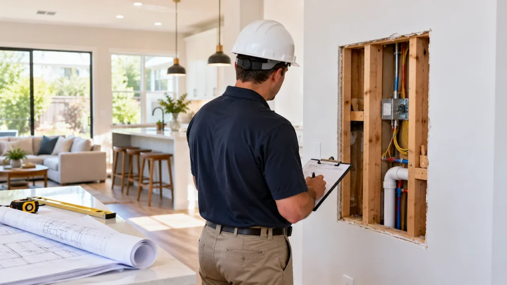 Building inspector examining exposed wall framing, electrical wiring, and plumbing for an after-the-fact permit inspection.