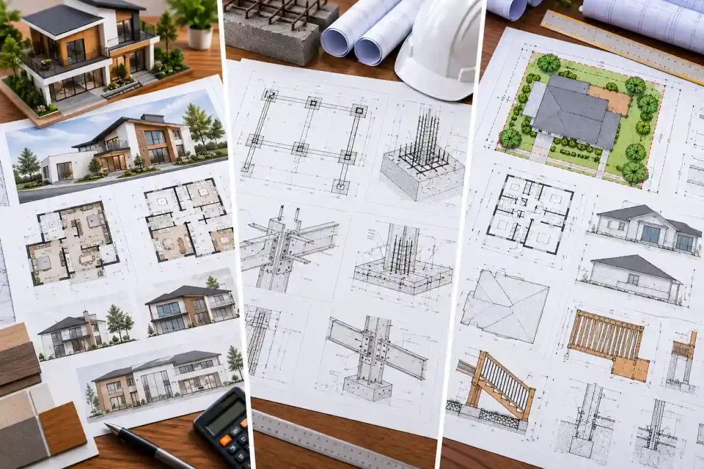 Do Permit Plans Need an Engineer Comparison of architectural design, structural engineering, and professional drafting drawings featuring house floor plans, building elevations, foundation details, structural connections, and residential site plans.