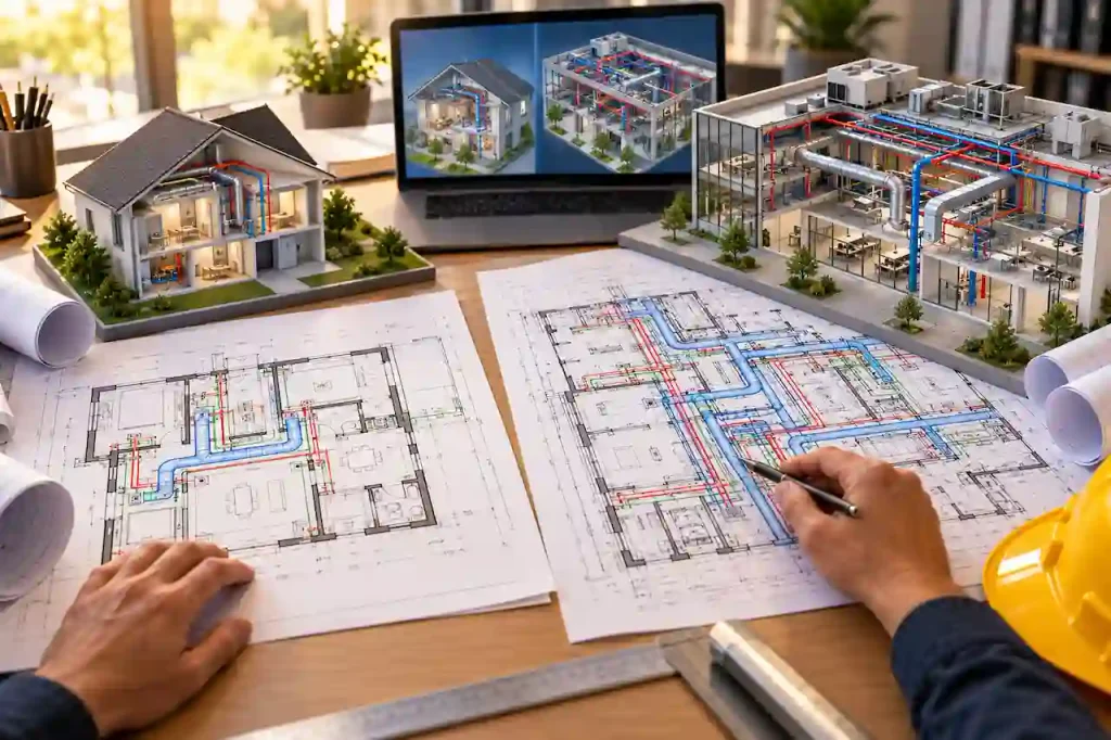 Residential and commercial MEP plans showing HVAC electrical and plumbing systems