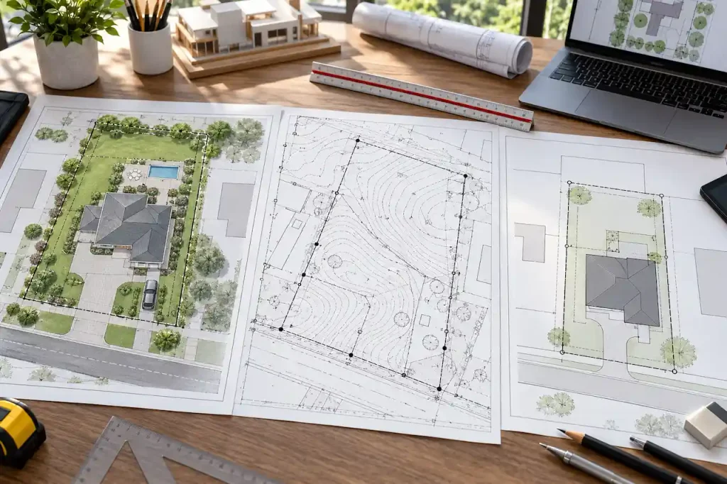 Side-by-side comparison of a site plan, property survey, and plot plan displayed on a desk for residential permit planning.