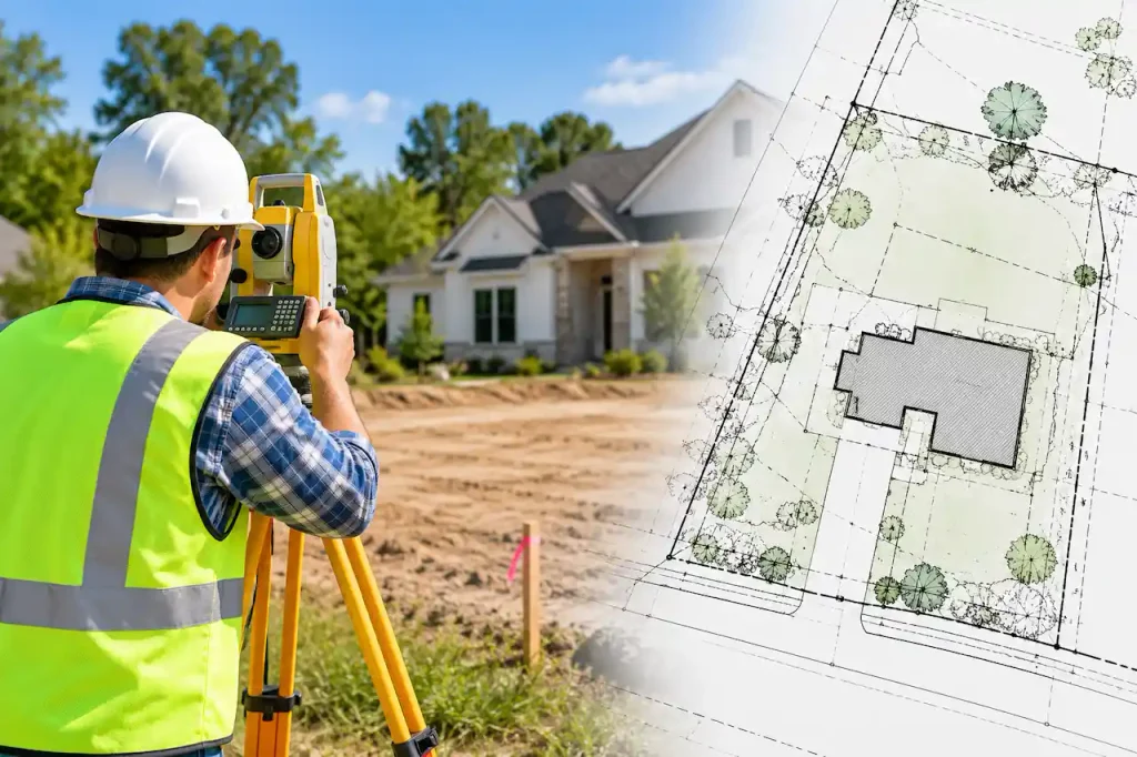Professional land surveyor using surveying equipment to measure residential property boundaries, with a detailed property survey drawing showing lot lines and house location.