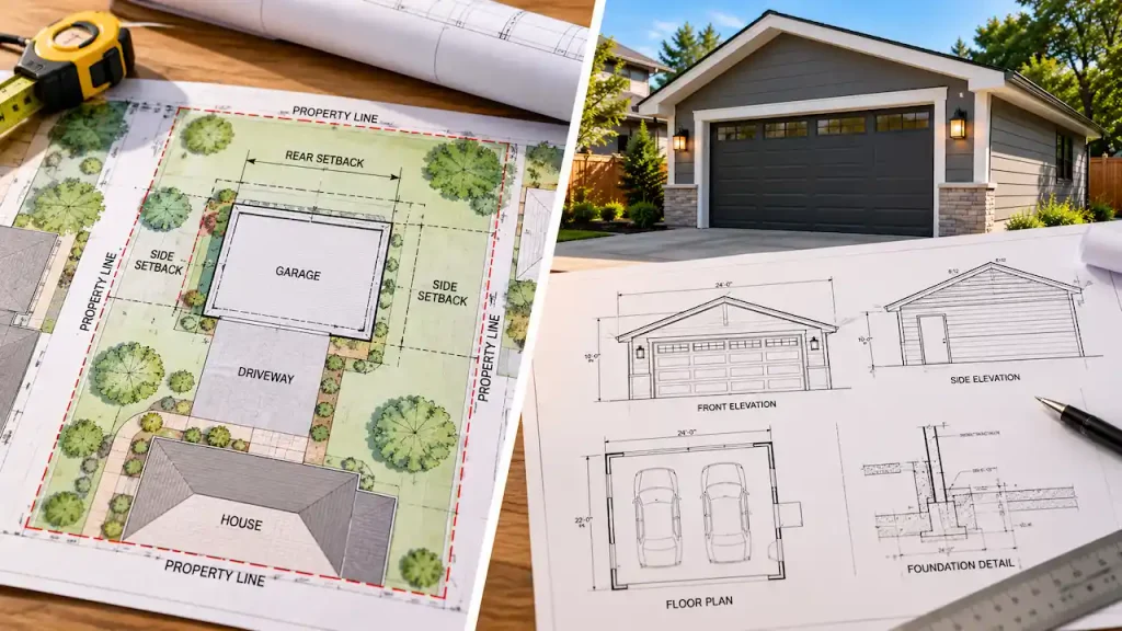 Site plan vs garage construction drawings showing property lines, setbacks, driveway layout, garage elevations, floor plans, and foundation details.