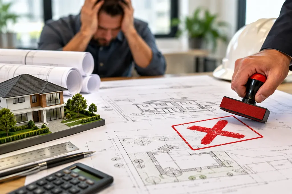 Building permit plans rejected during review due to architectural drawing errors and missing construction details.