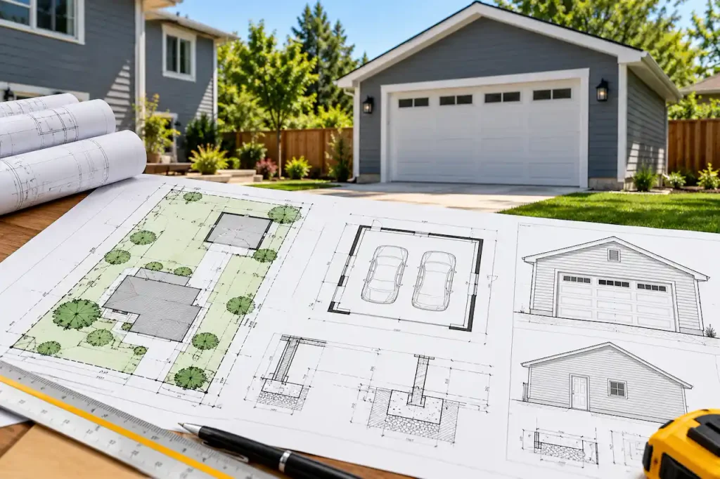 Detached garage permit plan set featuring a site plan, garage floor plan, exterior elevations, and foundation drawings with a completed residential garage in the background.