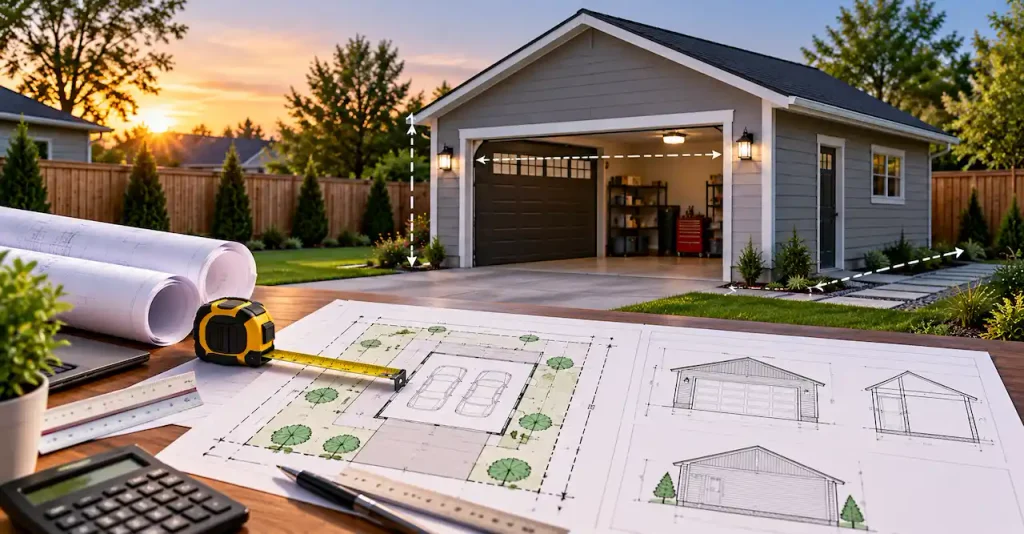 Detached residential garage with measurement arrows showing garage height, width, and depth alongside architectural plans.