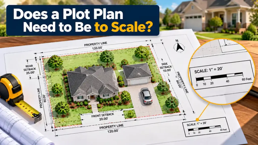 plot plan vs site plan, Plot plan drawn to scale showing property lines, building setbacks, house and garage placement, dimensions, and architectural scale measurements.