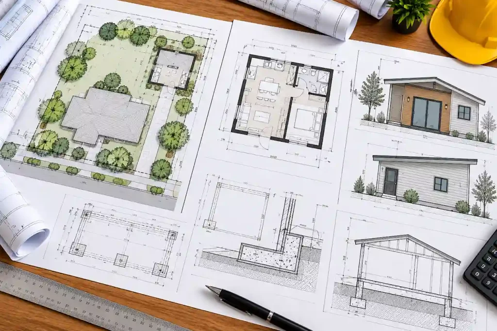 Detailed ADU permit drawing set showing a residential site plan, accessory dwelling unit floor plan, architectural elevations, foundation layout, and structural construction sections.