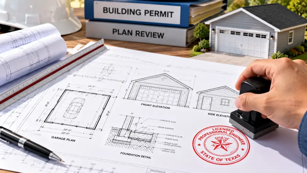 Professional engineer stamping garage construction drawings with floor plans, elevations, and foundation details for building permit review.
