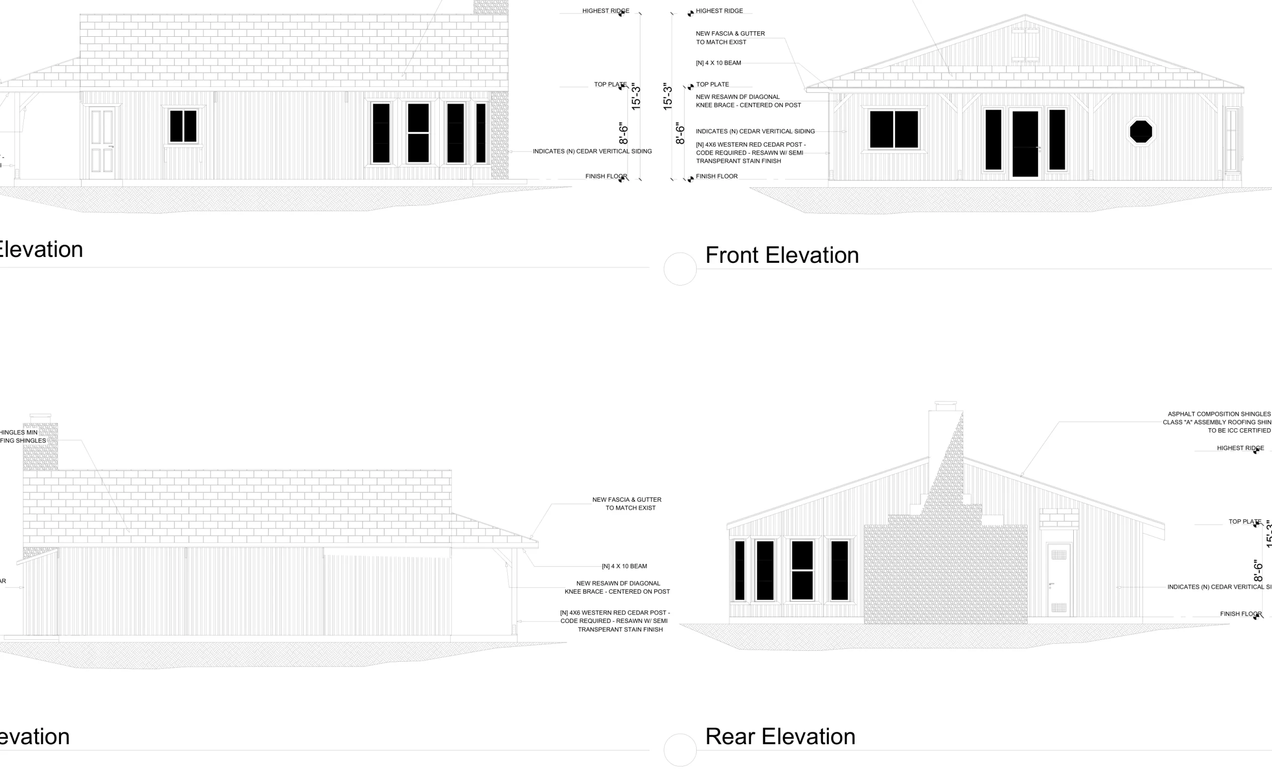 House exterior elevations drawing showing front, rear and side views