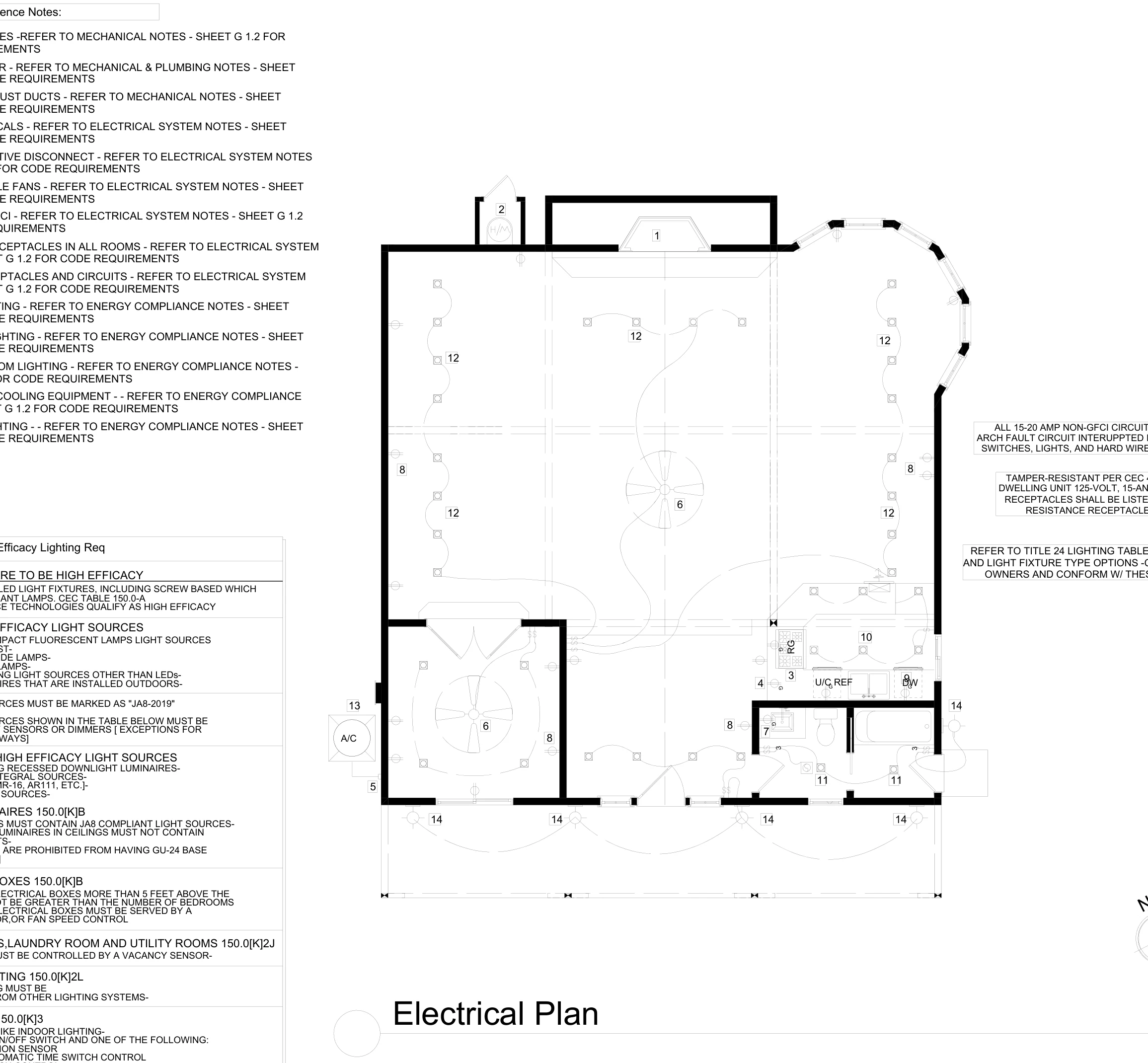 Residential electrical plan with fixtures, outlets, switching and electrical notes