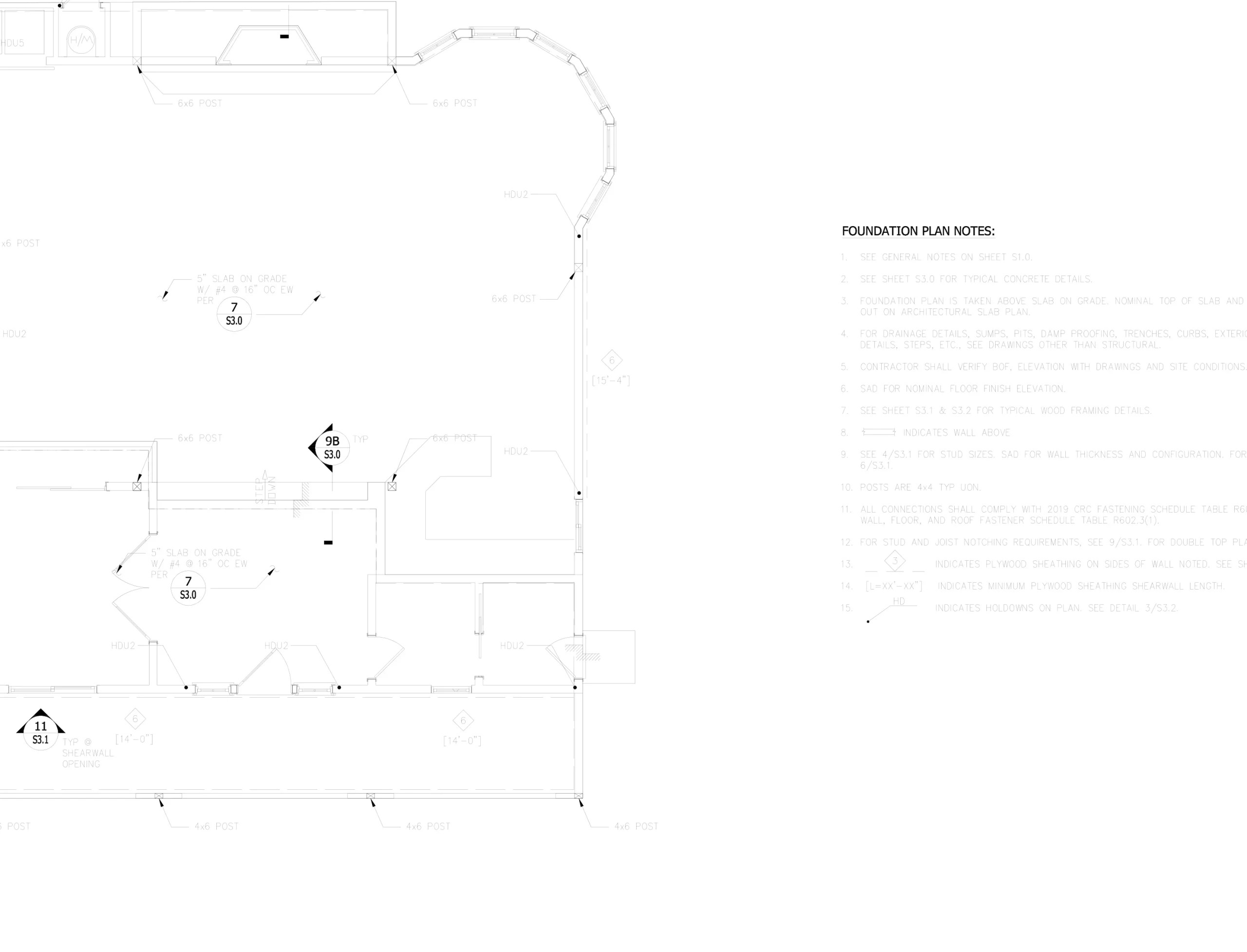 Residential foundation plan with slab, footings and foundation plan notes