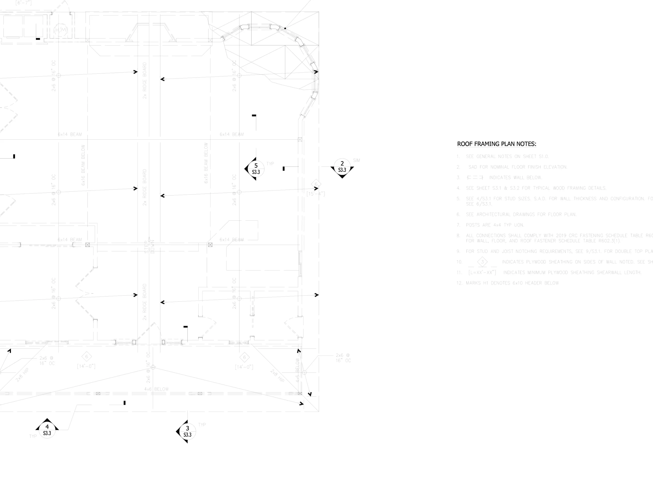 Structural roof framing plan with beams, rafters and framing notes