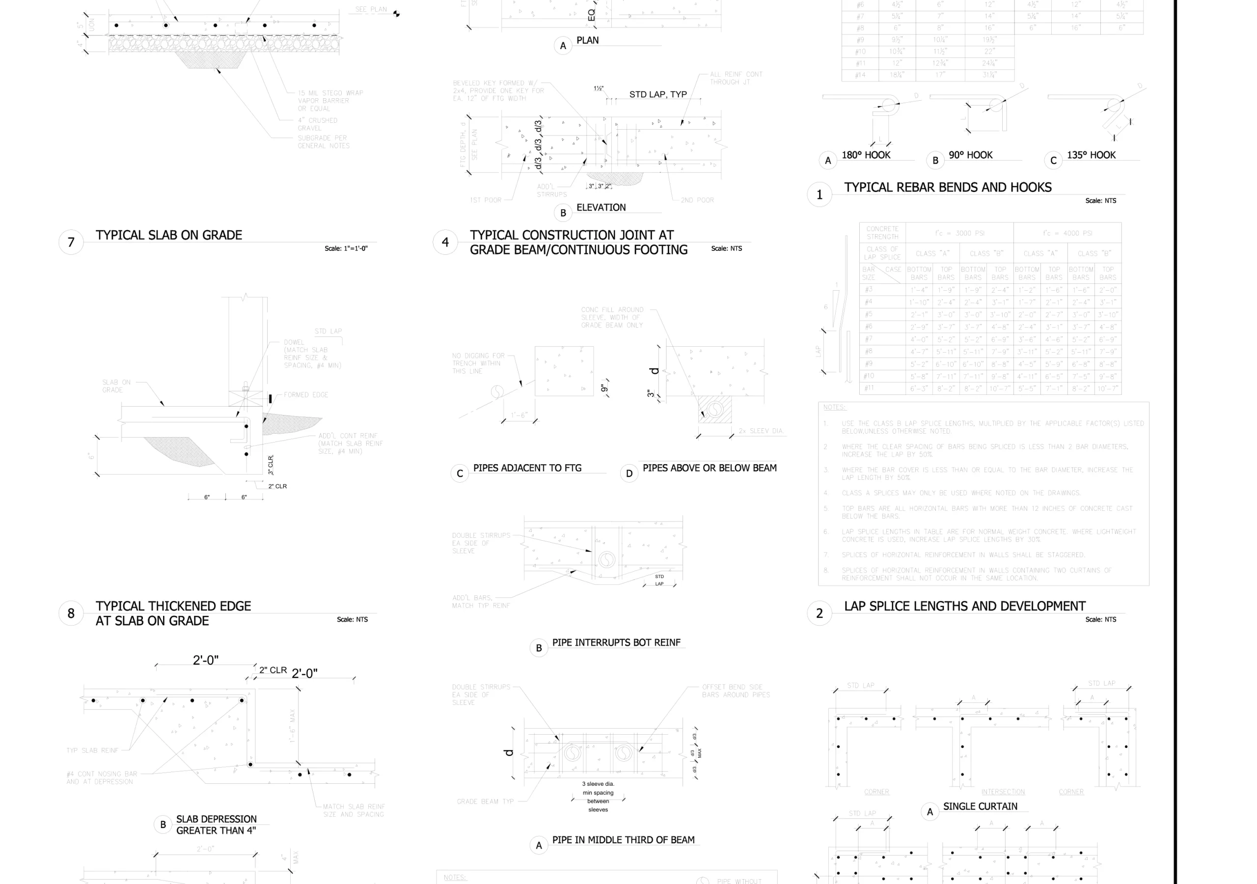 Structural construction details for slab on grade, footings and rebar